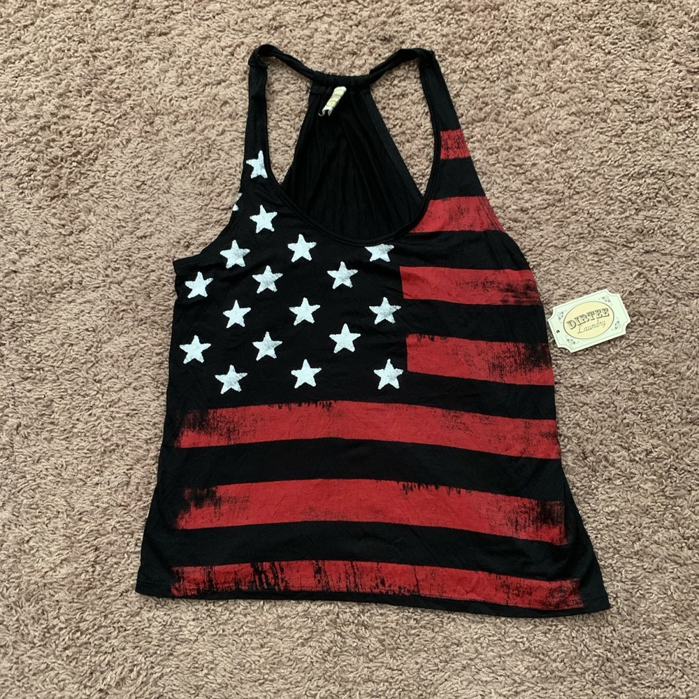 NWT Women’s Black Racer Back Tank Top with Flag Print, Size Medium
